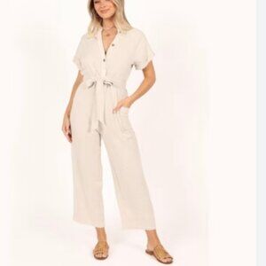 NWT Petal & Pup Archie Jumpsuit Cream tan short sleeve wide leg L Large